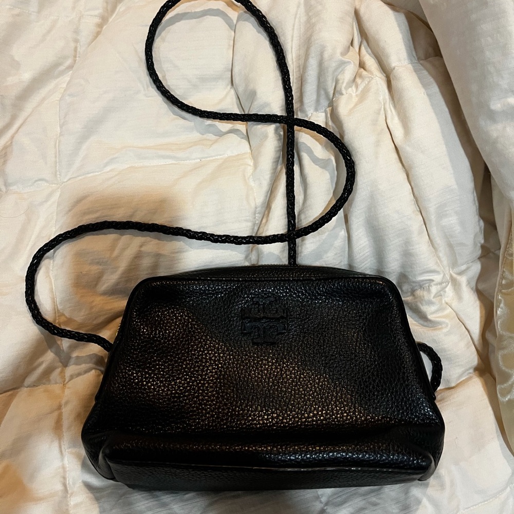 Classic Black Leather Crossbody Bag - Branded Embossed Design